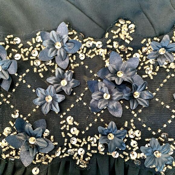 Betsey Adam Navy Blue Gown With Illusion Waist Dress Size 6 Petite - Picture 6 of 7